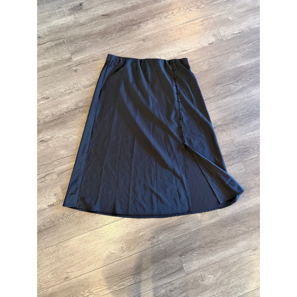 Black Satin Midi Skirt with Side Slit and Button Detail Size L